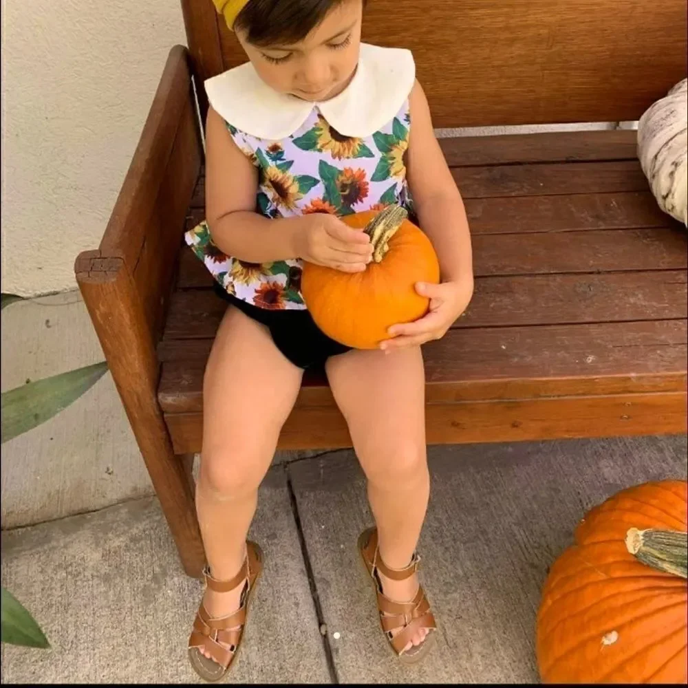 Fall ready sunflower top Peter Pan collar bodysuit & velvet emerald bloomers